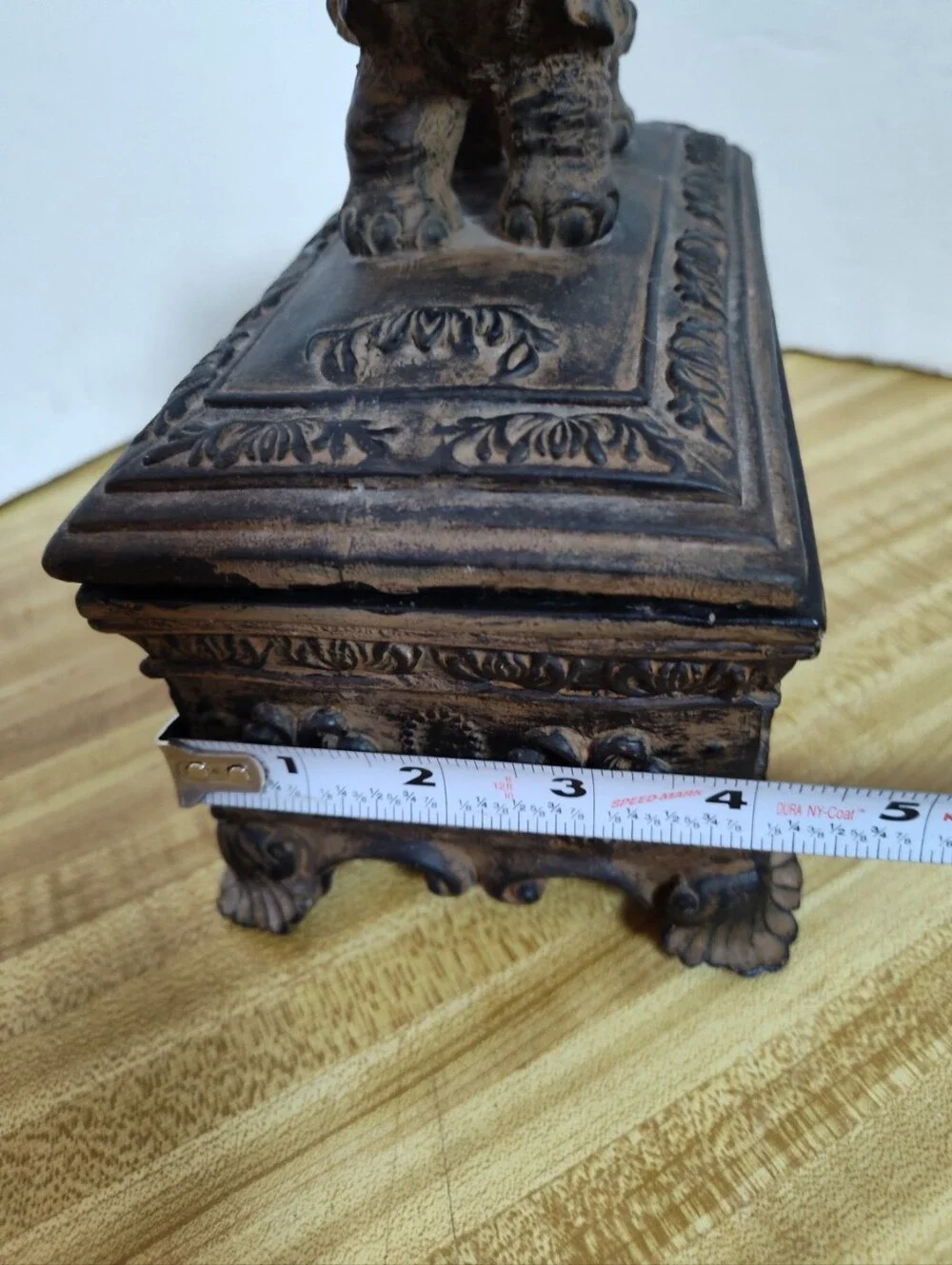 Ornate elephant trinket/jewelry box with raised elephant lid, floral relief desi